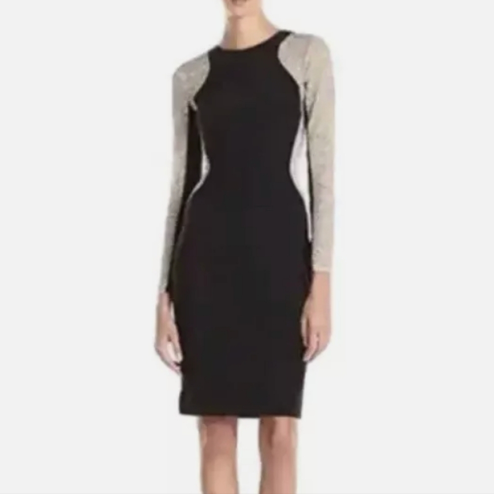 NEW $218 Xscape Cocktail Long Sleeves Illusion Dress